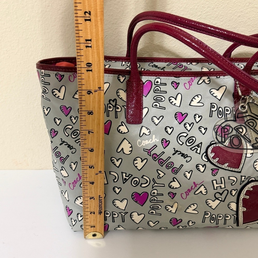 Coach Poppy Hearts Graffiti Tote With Bag Charms Coated Canvas Gray Pink Y2K - Picture 13 of 16